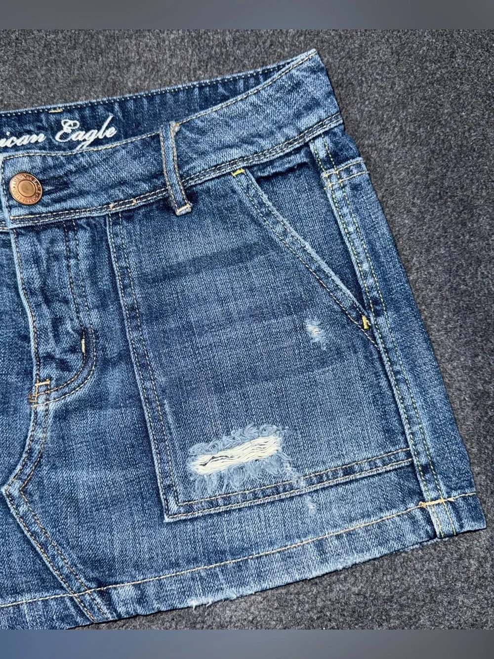 VTG Y2K American Eagle Low Rise Micro Mini Jean Skirt Distressed Denim Utility 2